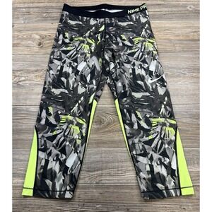 Nike Pro Women XL Dri-FIT Compression Crop Leggings Black Gray Yellow 832048-010